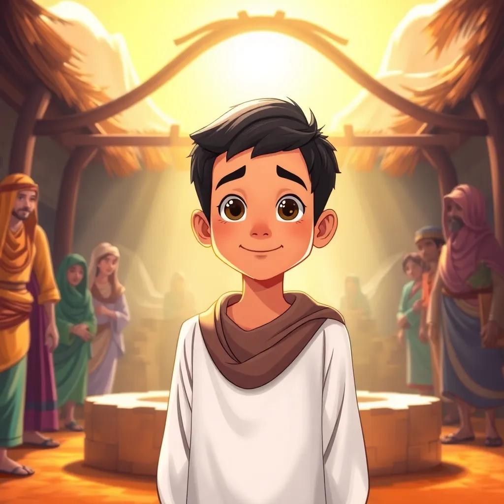 A young Arab boy, Yasin, with short black hair in a white thobe, standing proudly in front of a shining well with villagers behind him, bright golden sunlight, colorful, vibrant community scene, illustration, inspiring, hopeful