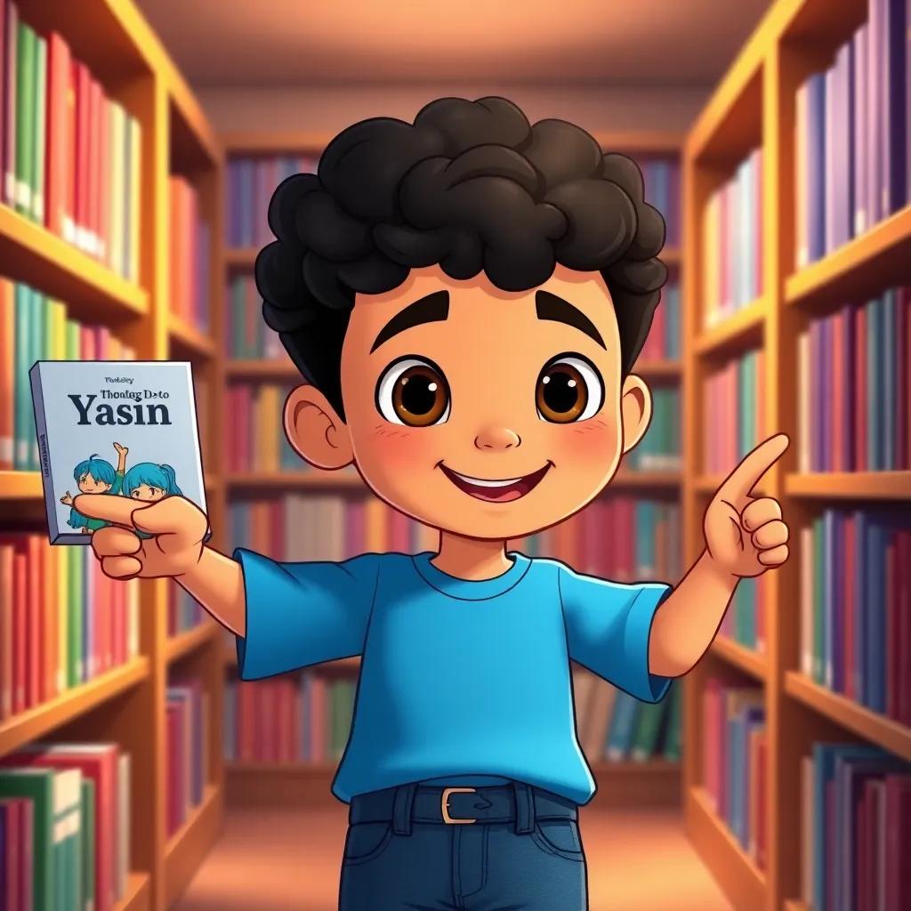 Yasin, a young Arab boy with short curly hair, wearing a blue t-shirt and jeans, pointing at a book title with excitement, in a cozy library filled with shelves of books, cheerful scene, illustration, vibrant colors, friendly and engaging, high quality