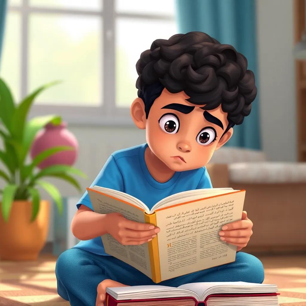 Yasin, a young Arab boy, with short curly hair, wearing a blue t-shirt and jeans, looking puzzled but determined while trying to read a book with an open page, soft natural light, friendly setting, illustration, colorful, captivating, high quality
