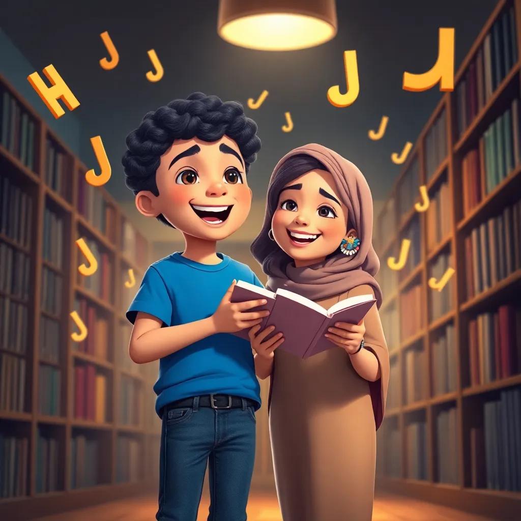 Yasin, a young Arab boy with short curly hair, wearing a blue t-shirt and jeans, singing with his mother in the library, both smiling and surrounded by floating letters, cheerful atmosphere, digital art, whimsical, engaging, high quality