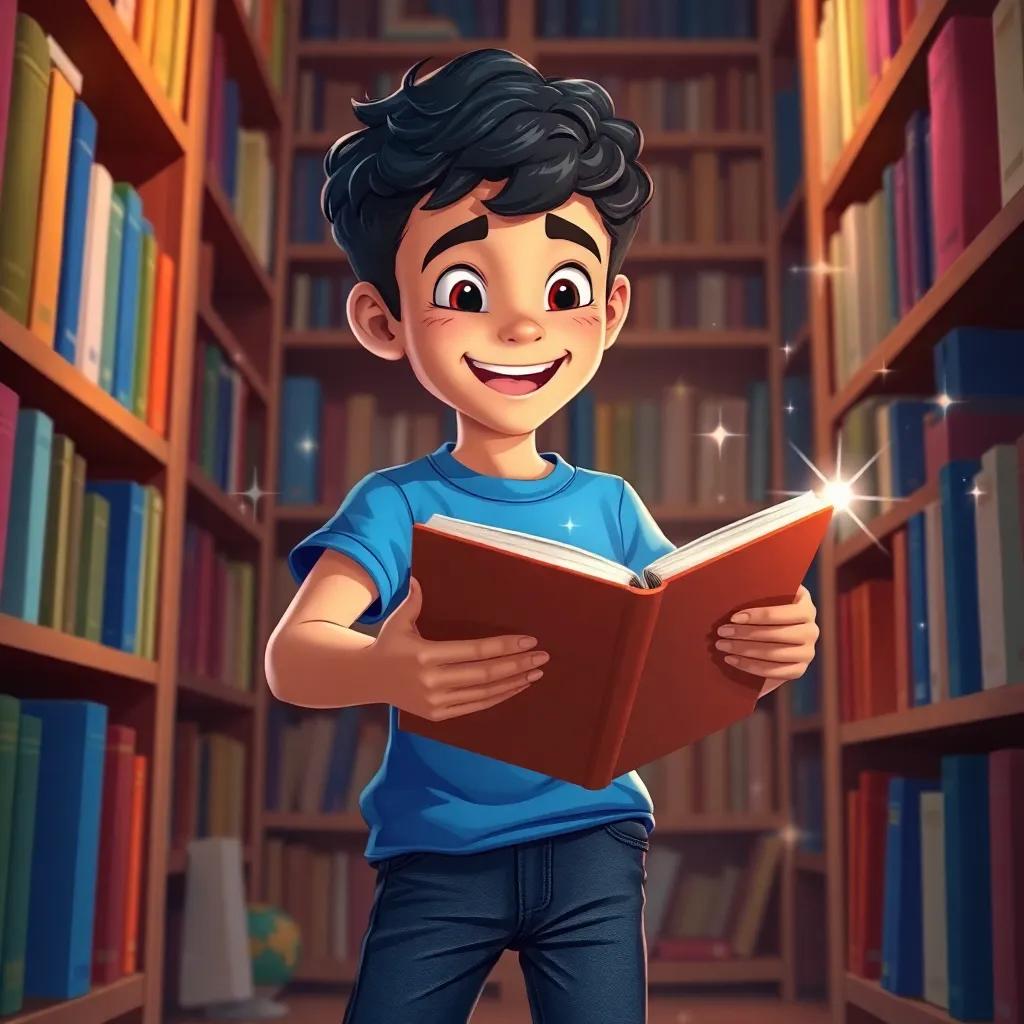 Yasin, a young Arab boy, with short curly hair in a blue t-shirt and jeans, reading a book with sparkles around it, surrounded by bookshelves, showing excitement and joy, bright and colorful, illustration, magical, thankfulness, high quality
