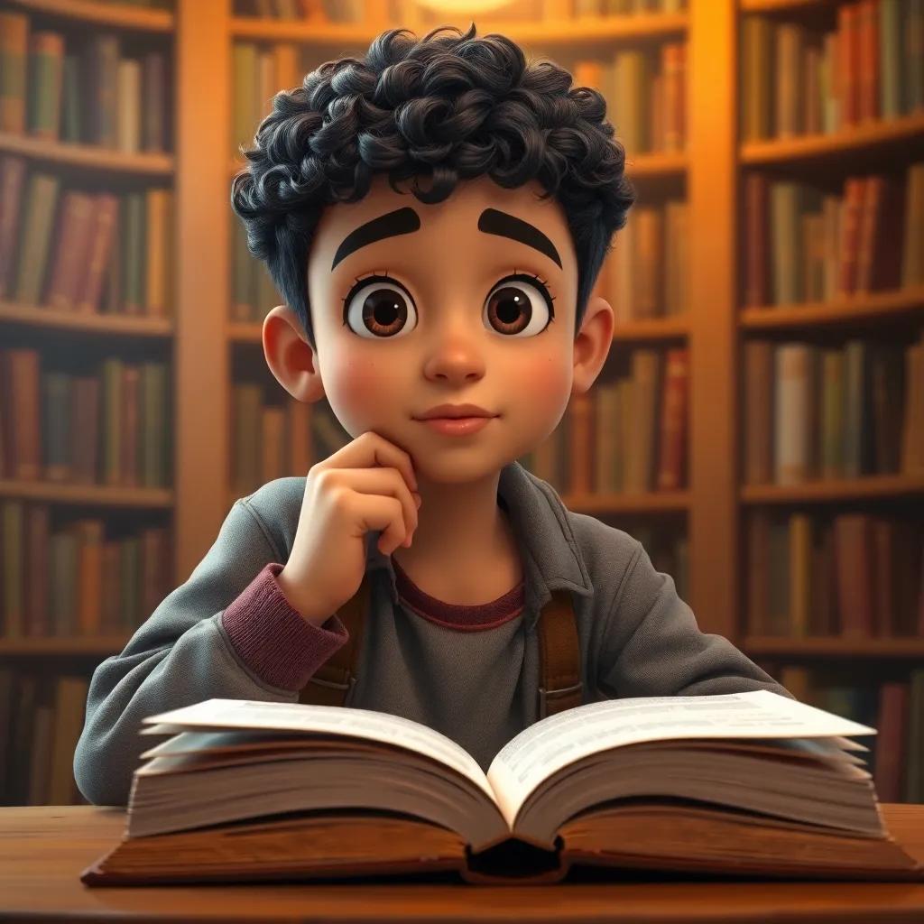 Yasin, a young Arab boy with short curly hair, in casual clothes, tapping his chin in thought over an open book, cozy library background, thoughtful expression, digital art, warm and inviting colors, imaginative, high quality