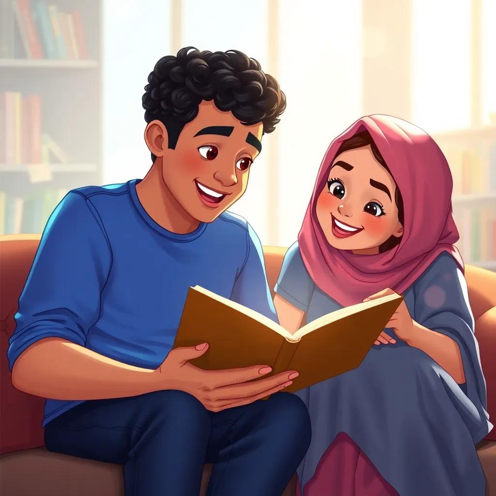 Yasin, a young Arab boy, with short curly hair in a blue t-shirt and jeans, sitting with his mother reading a book together, both looking excited and happy, bright library background, family warmth, illustration, delightful, high quality