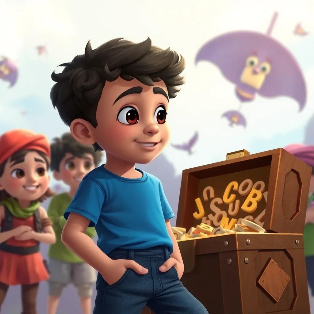 Yasin, a young Arab boy, with short curly hair in a blue t-shirt and jeans, looking at a treasure chest filled with letters and words, surrounded by friends in a fun adventure, colorful and adventurous theme, digital painting, engaging, high quality