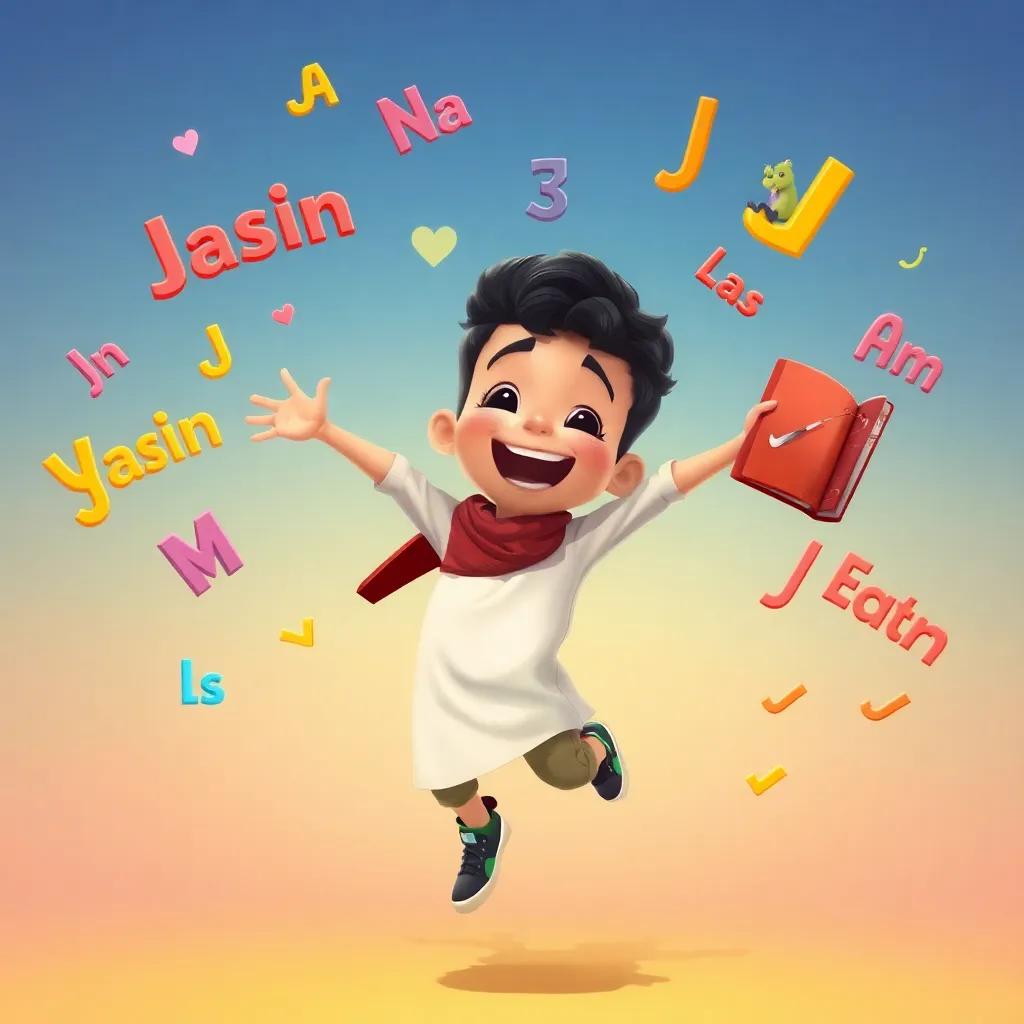 Yasin, a young Arab boy, with short curly hair, jumping with joy and holding a book while surrounded by colorful words floating around him, joyful expression, joyful learning environment, illustration, vibrant colors, high quality
