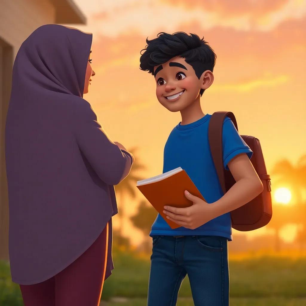 Yasin, a young Arab boy, with short curly hair in a blue t-shirt and jeans, happily saying goodbye to his mother after a productive reading day, warm sunset in the background, emotional and uplifting scene, digital art, heartwarming, high quality