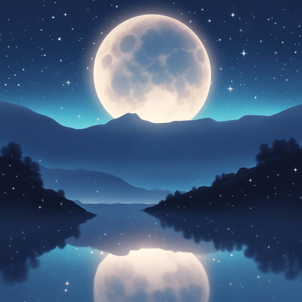 A bright moon shining in the night sky, surrounded by twinkling stars, a peaceful scene with a silhouette of hills, digital art, soft blue tones, serene atmosphere, high quality