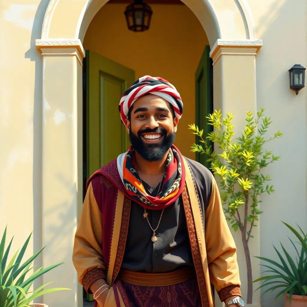 A cheerful scene of Yahya, a friendly Arab man, wearing a stylish outfit, smiling proudly as he walks out of his house, bright sunny day, vibrant colors, happy atmosphere, high quality