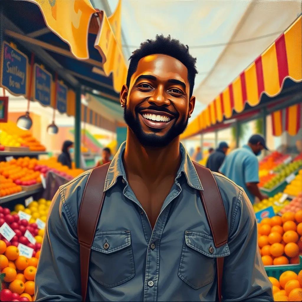 Jax, a tall and strong Black man, smiling warmly while standing at the market, wearing casual clothes, surrounded by colorful market stalls and fresh fruits, inviting ambiance, cheerful setting, high quality