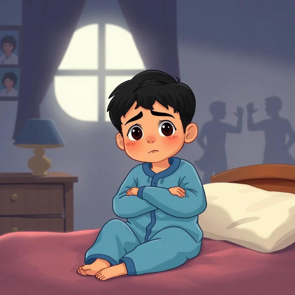 A young Arab boy, Yahi, with short black hair wearing a cozy blue pajama, sitting on his bed with a worried expression, dimly lit room with shadowy figures on the walls, illustration, warm and inviting, child-friendly, emotive imagery, high quality