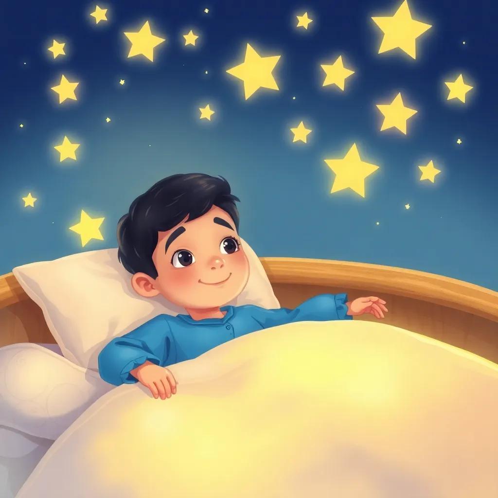 Yahi, a young Arab boy with short black hair in cozy blue pajamas, lying in bed with glow-in-the-dark stars on the ceiling, his room filled with a warm light and stars sparkling all around him, safe and cheerful atmosphere, illustration, bright and uplifting, enchanting scene, high quality