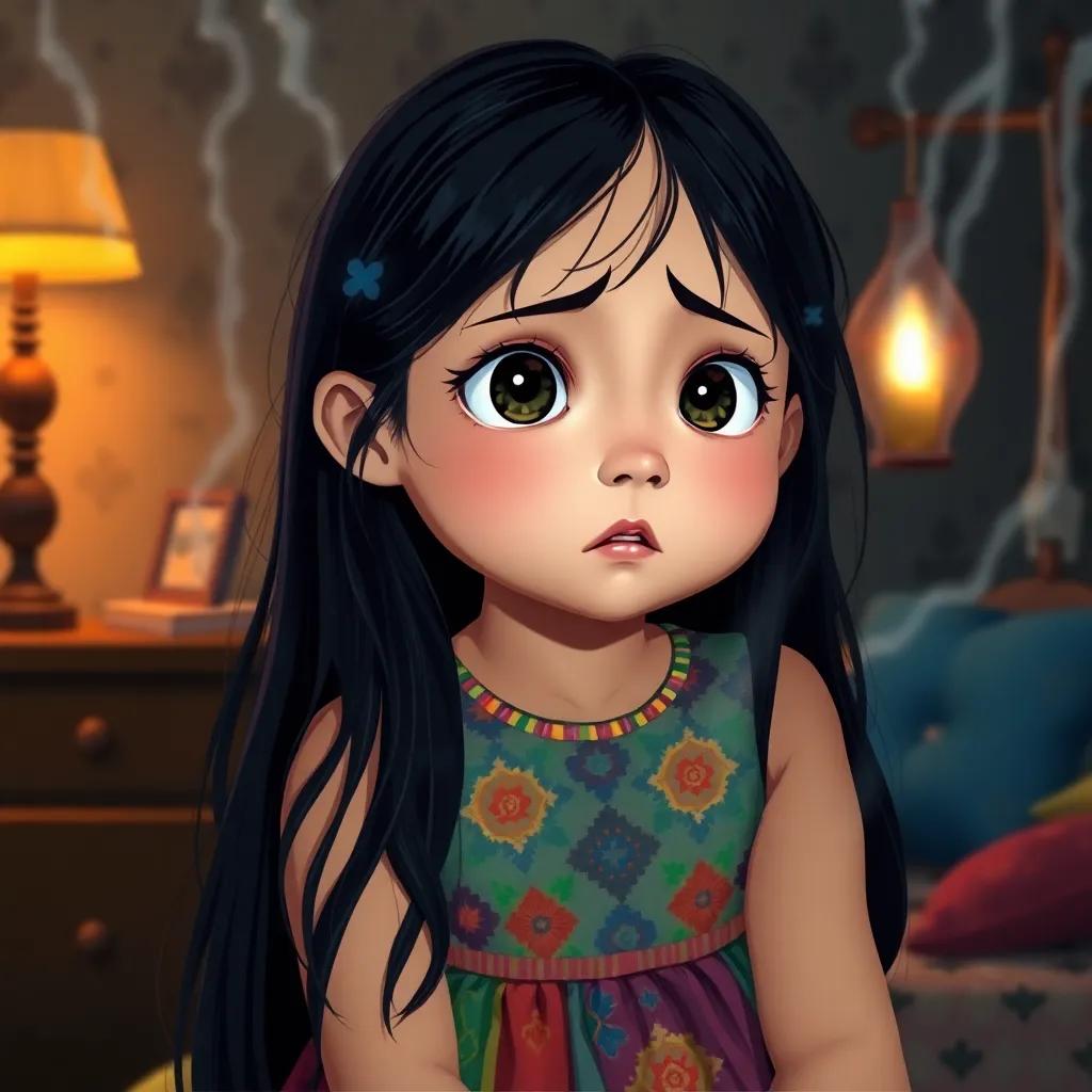 A young smart girl, Lujain, with long black hair wearing a colorful dress, looking worried in her cozy room during a storm with a flickering lamp, digital art, warm colors, inviting atmosphere, high quality