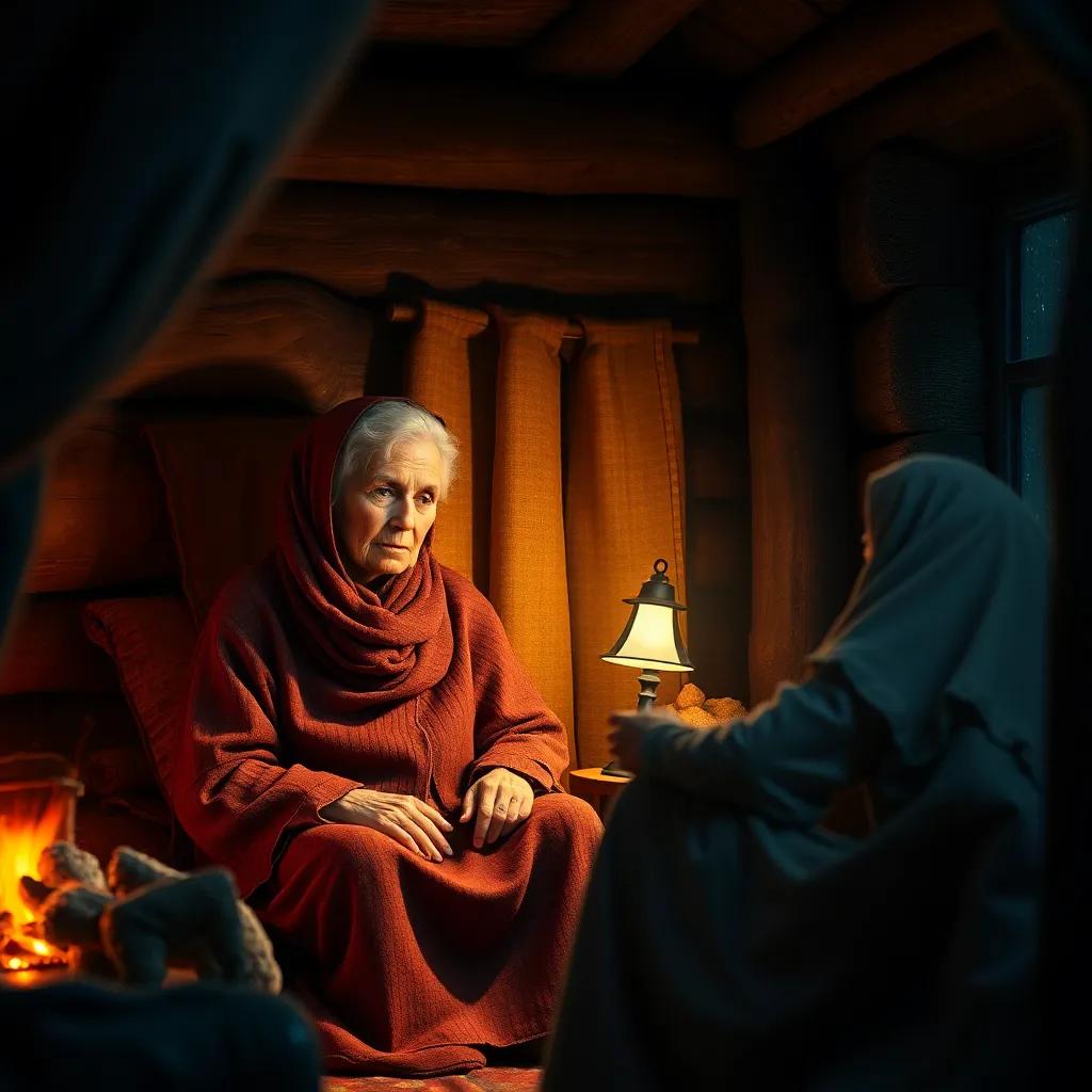 An old woman, Rijah, sitting in her small wooden cottage with a warm fire, looking relieved as Lujain helps her with a lamp, soft lighting, cheerful ambiance, cozy and safe, high quality