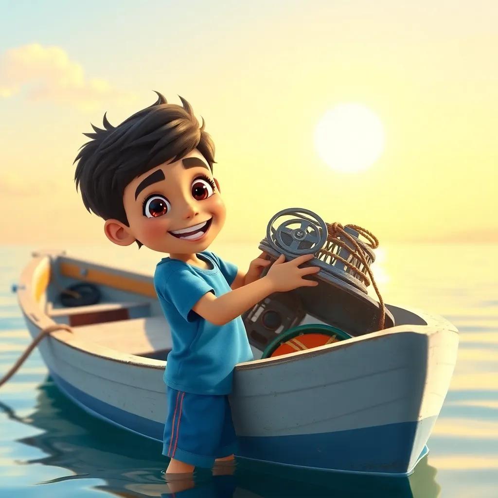A young Arab boy, Ali, with dark hair wearing a blue t-shirt and shorts, excitedly loading fishing gear into a small boat in the bright morning sun, cheerful, vivid colors, engaging atmosphere, high quality