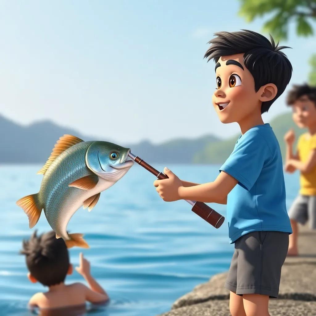 A young Arab boy, Ali, with dark hair wearing a blue t-shirt and shorts, trying to catch a big shiny fish with his fishing rod at the lake, surrounded by friends having fun, playful scene, bright blue water, high quality