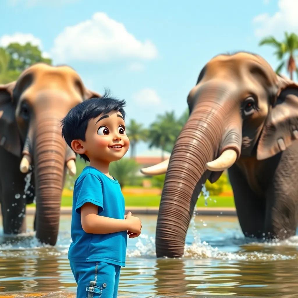 A young Arab boy, Yazan, with short black hair, wearing a bright blue shirt and shorts, looking amazed at two large elephants splashing water, park background, vivid colors, daytime atmosphere, cheerful, vibrant energy, digital art, high quality
