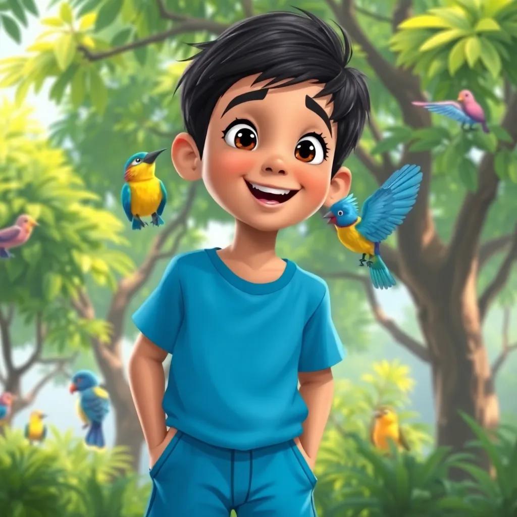 A young Arab boy, Yazan, with short black hair, wearing a bright blue shirt and shorts, watching a colorful bird singing happily, surrounded by lush green trees and other birds, joyful, bright colors, inviting atmosphere, cartoon style, high quality