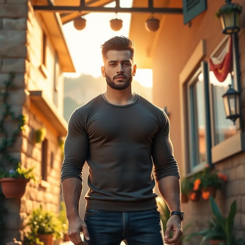 A young Turkish man, Yazan, muscular and 180 cm tall, standing determinedly outside a warm home in a charming town, with sunlight shining, digital art, bright and cheerful, inviting atmosphere, high quality