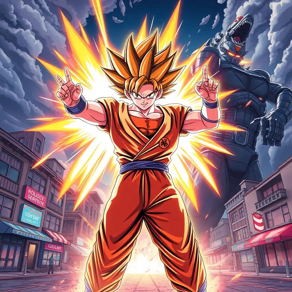 Yazan transforming into Super Saiyan, his shirt bursting, vibrant energy radiating around him, battling a giant robot like Godzilla, in a lively town setting with buildings in danger, action-packed, detailed, dynamic scene, high quality