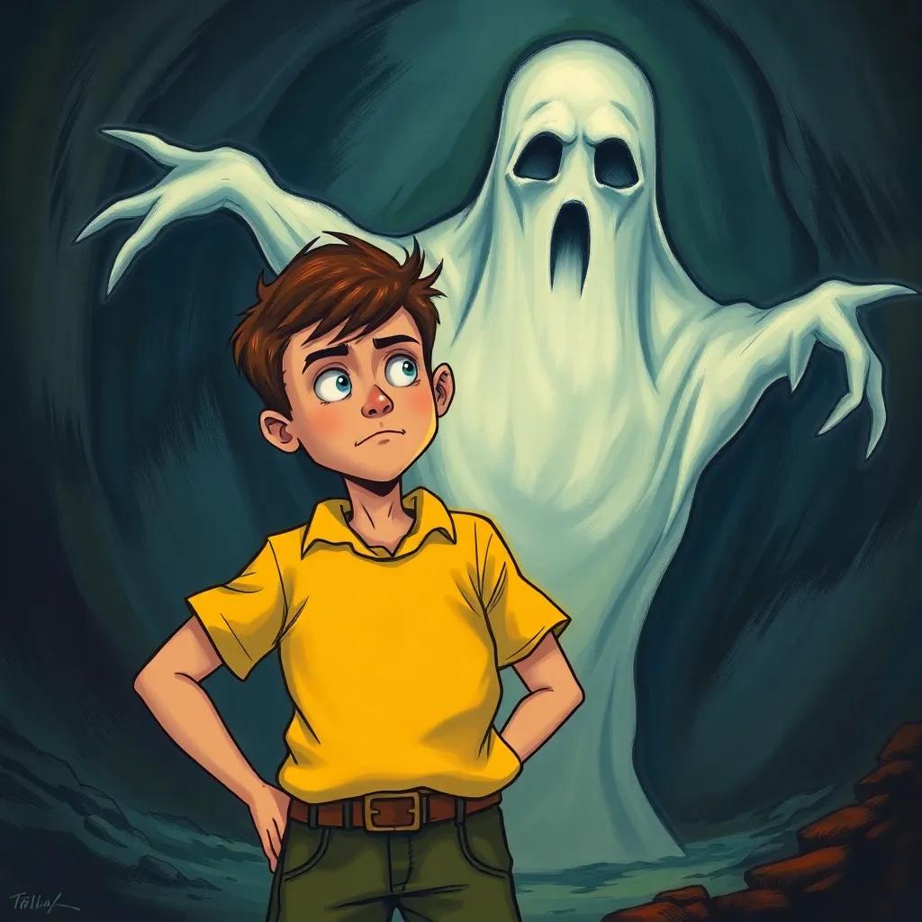 A determined friend standing bravely in front of a scary ghost-like figure, with a look of courage on his face. The background shows dark shadows hinting at dangers ahead, illustrated, tense atmosphere, high quality