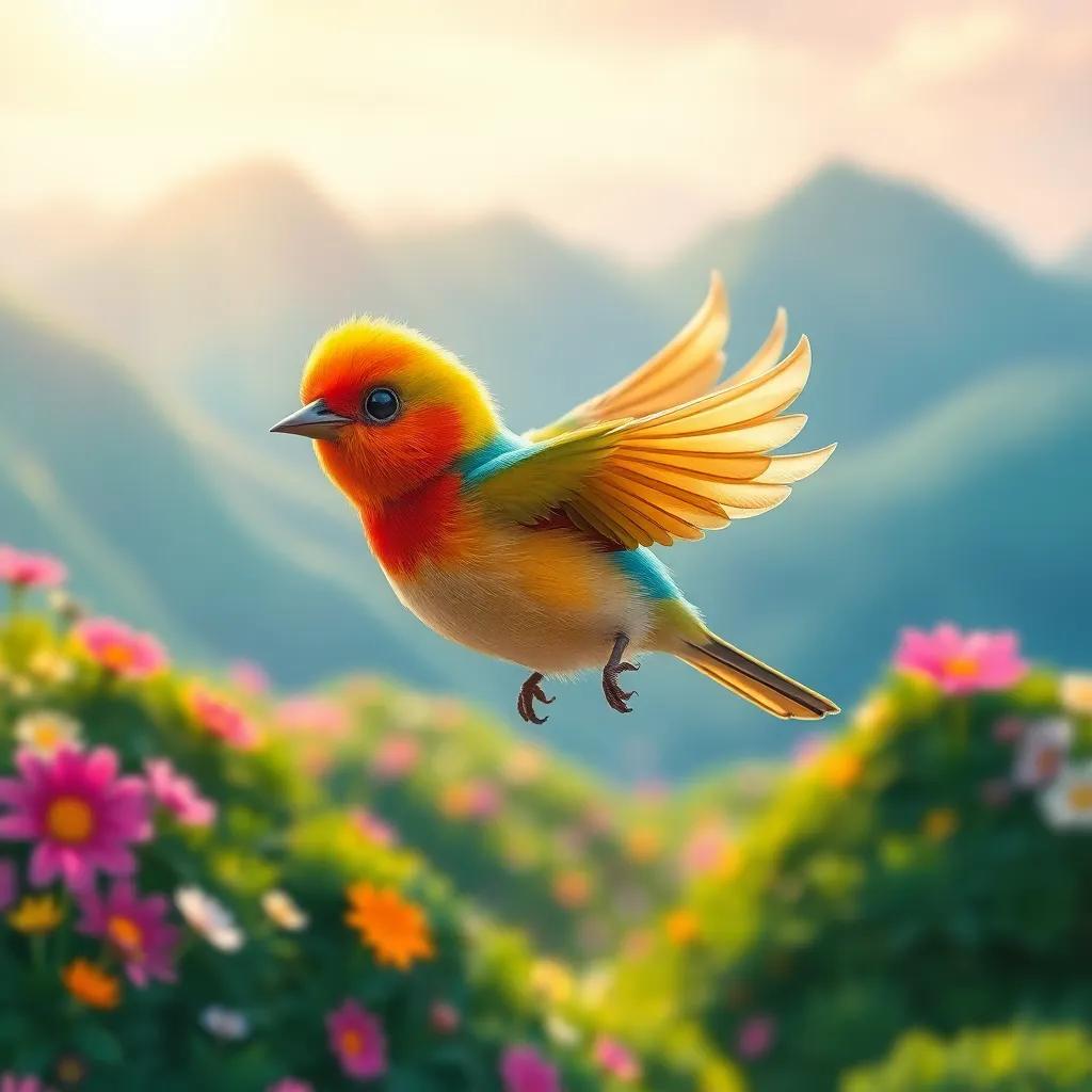 A small bird named Farfour, brightly colored feathers, flying over green mountains with colorful flowers, soft sunlight, cheerful and vibrant atmosphere, digital art, whimsical, high quality