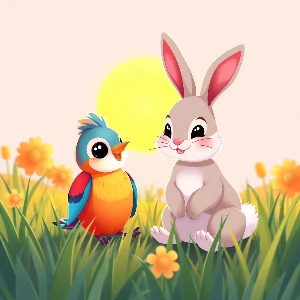 Farfour, a small colorful bird, meeting a cute bunny named Nuno, sitting in a sunny meadow with tall grass, bright colors, friendly and warm, cheerful illustration, high quality