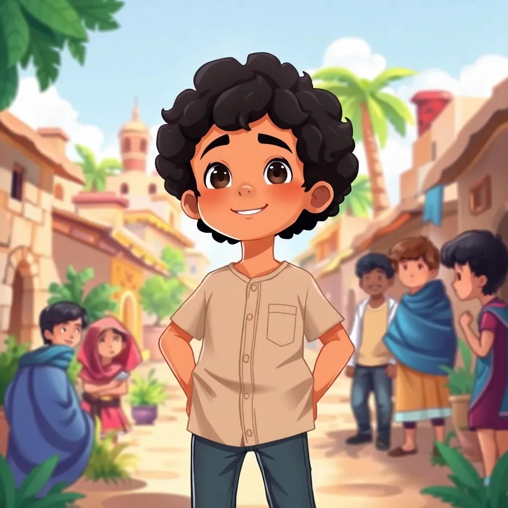A brave Arab boy, يوسف, with curly black hair and wearing a simple shirt and jeans, standing confidently in a small village while listening to his friends, vibrant surroundings, cheerful atmosphere, digital art, inviting colors, engaging perspective, high quality
