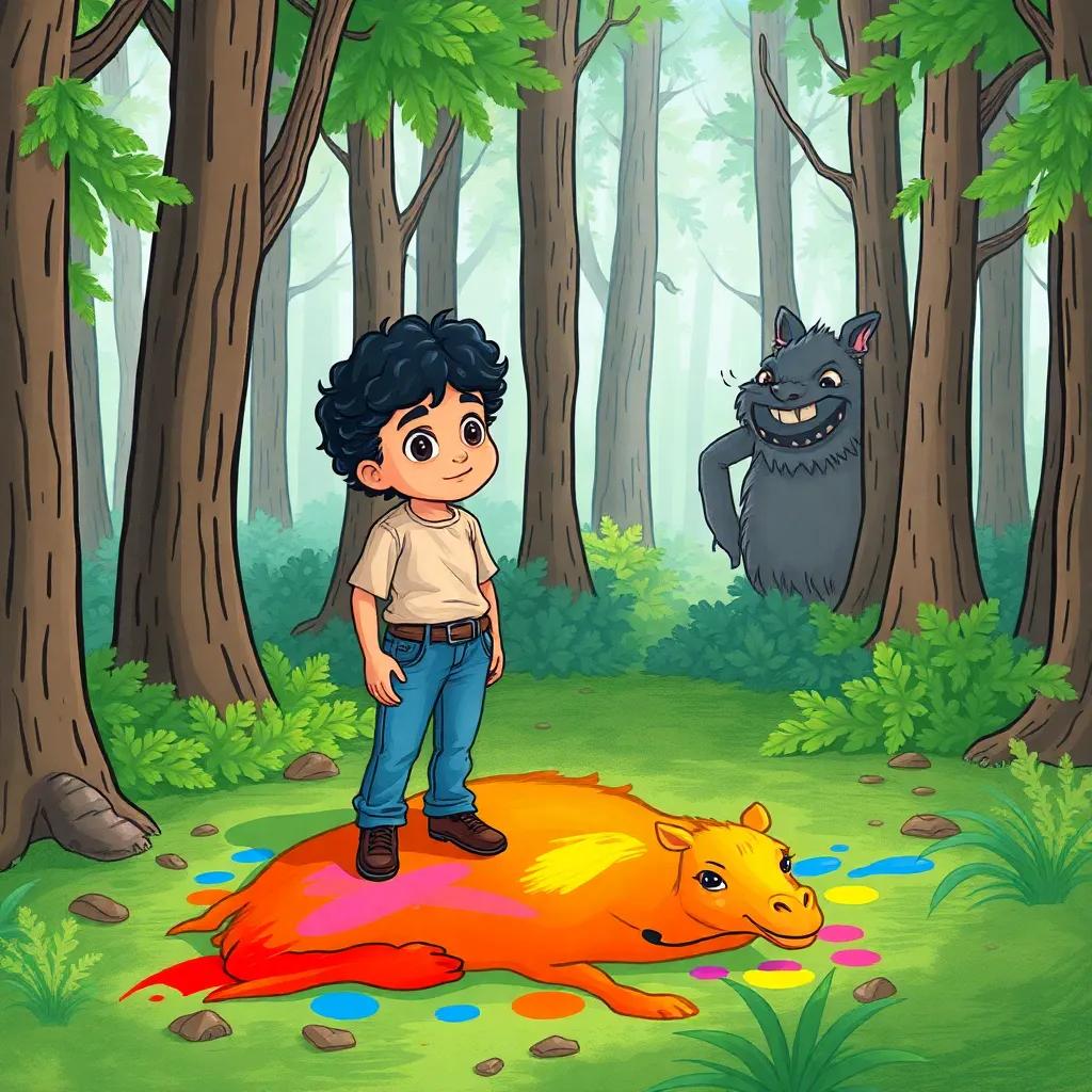 يوسف, a brave Arab boy, with curly black hair in a simple shirt and jeans, in the forest painting a large camel on the ground with bright colors, using his voice for sound effects, surrounded by trees and a curious monster peeking, colorful, playful atmosphere, storytelling view, fantasy