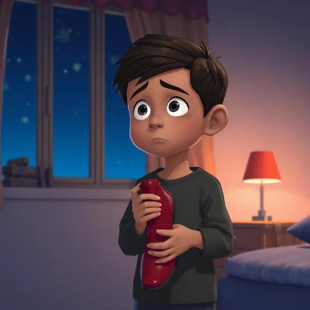 A young boy, Youssef, looking nervous, holding a red shoe in his hands, standing alone in his room at night, feeling anxious, deep blue night sky outside the window, thoughtful expression, digital art, emotional, detailed