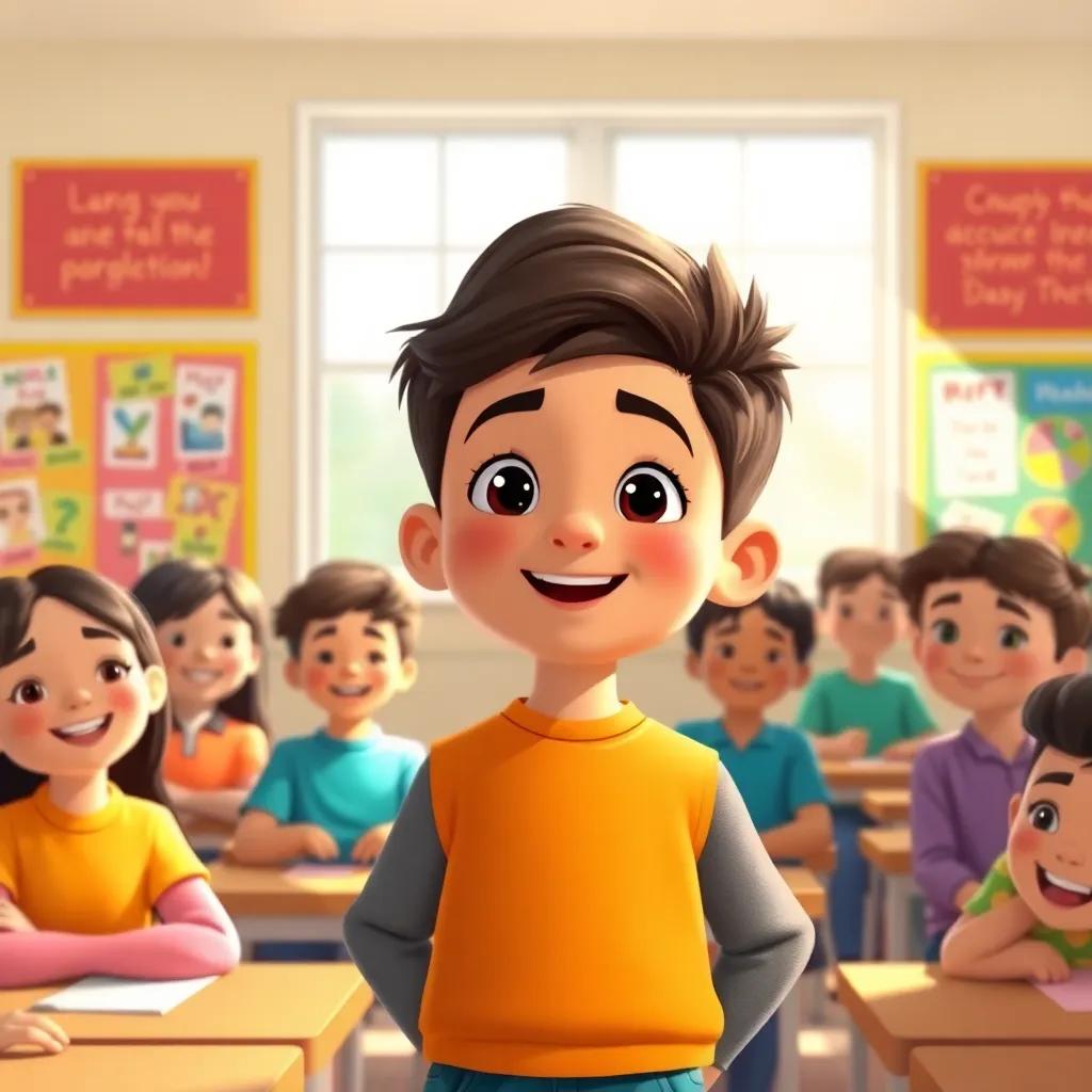 A young boy, Youssef, confidently standing in front of his classmates, telling the truth, happy faces in the classroom, colorful bulletin boards, sunlight streaming in, illustration, lively, cheerful