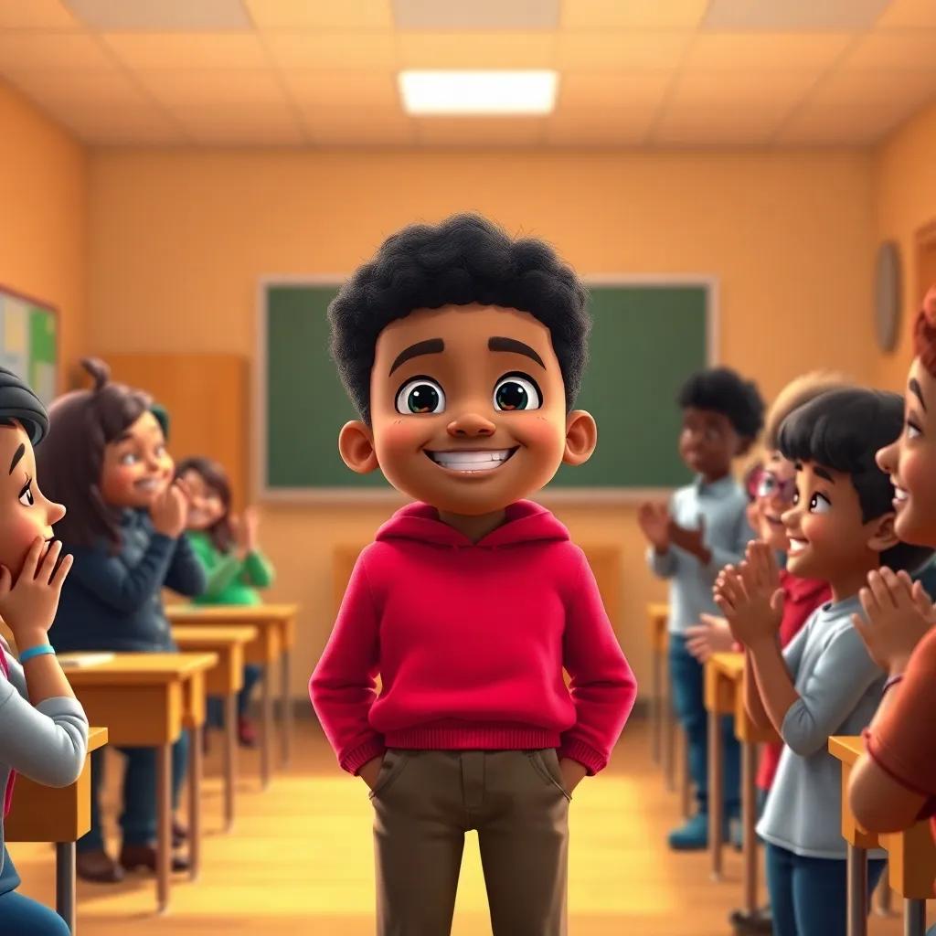 Youssef standing before the teacher, bright smile on his face, others clapping and cheering, warm classroom setting filled with joy and encouragement, bright colors, engaging perspective