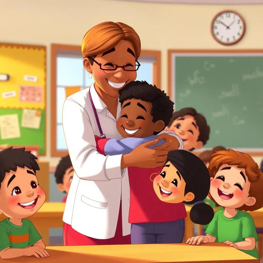 A heartwarming scene with the teacher hugging Youssef, proud expression, children smiling and singing his new nickname, vibrant classroom environment, feeling of happiness and friendship, illustration, warm light