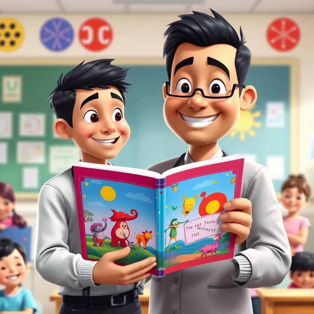 A teacher presenting a beautiful book to Youssef, colorful illustrations on the cover, happy expression on his face, classroom background with smiling children, bright and inviting, digital painting, uplifting