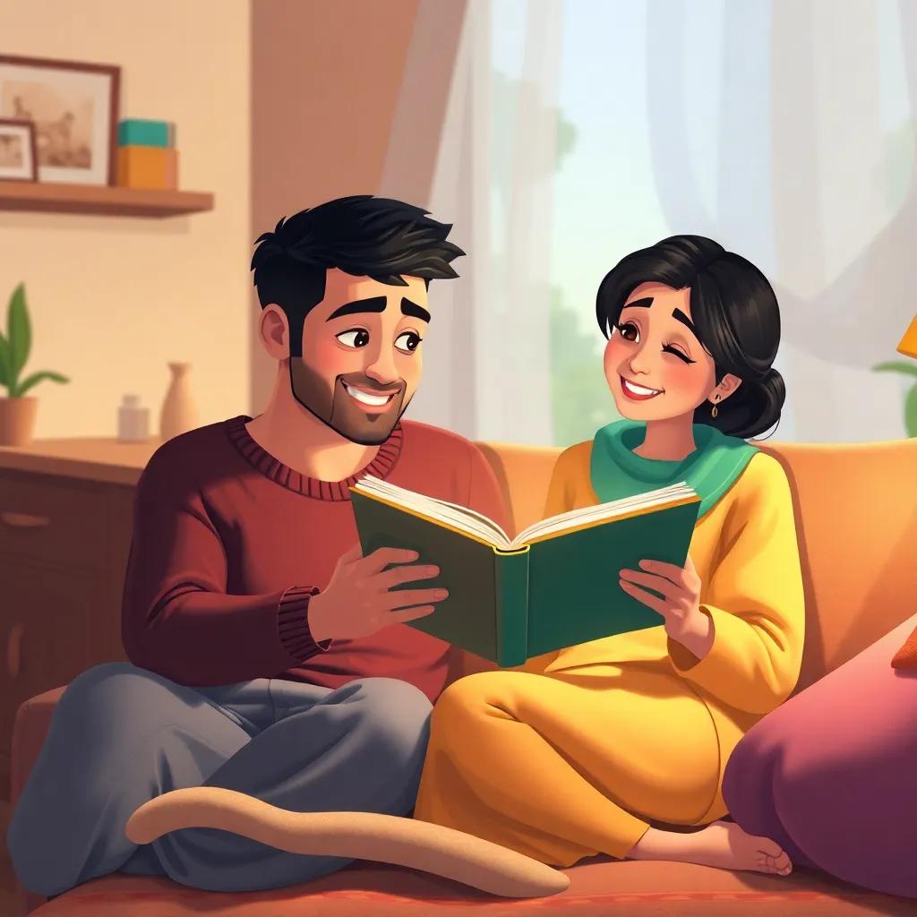 Youssef with his book at home, sharing stories with his mother, cozy living room, warm light, soft colors, family bond depicted, digital art, loving atmosphere