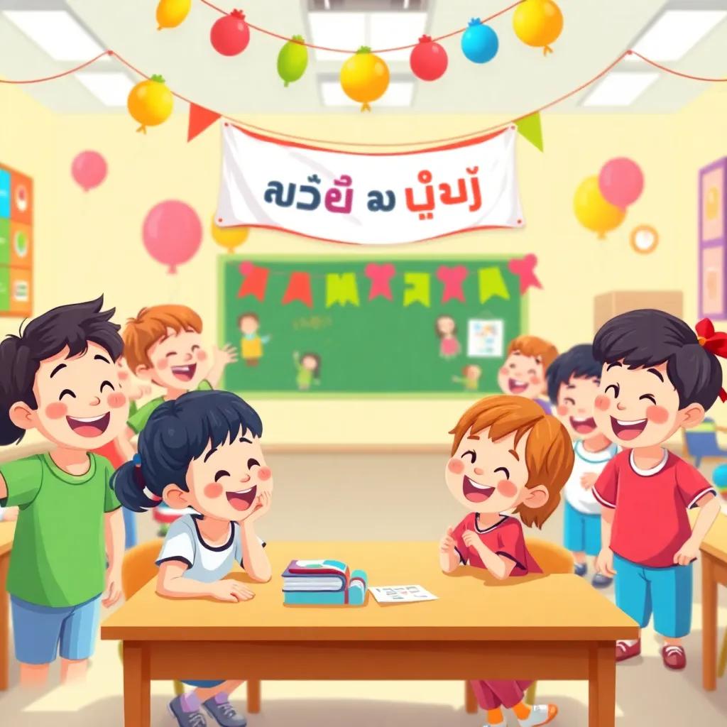 A classroom filled with laughing children, surrounded by colorful decorations, a banner saying 'الصدق هو المفتاح' hanging, joyful scene, digital painting, bright and cheerful