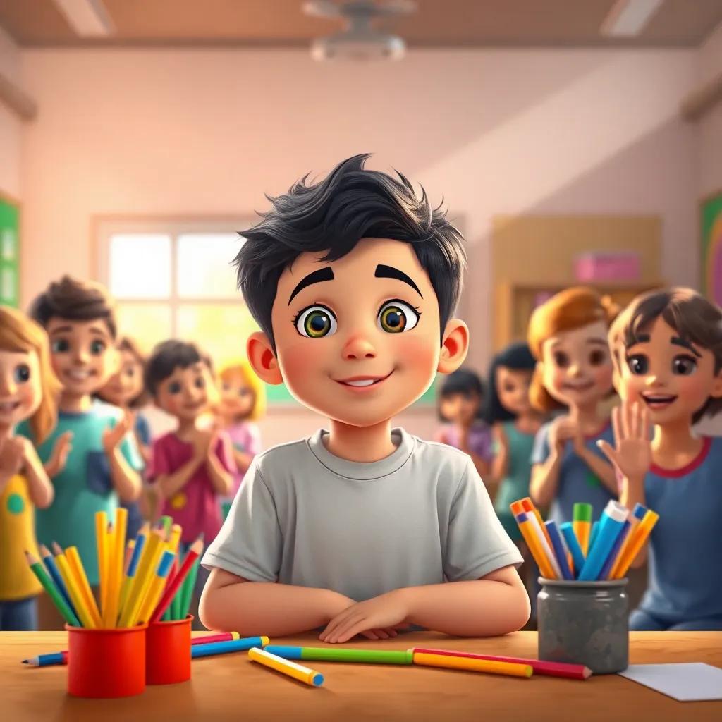 A young boy, Youssef, looking proud at the front of the classroom, his classmates cheering, colorful art supplies on the table, bright sunlight pouring in, vibrant colors, engaging atmosphere