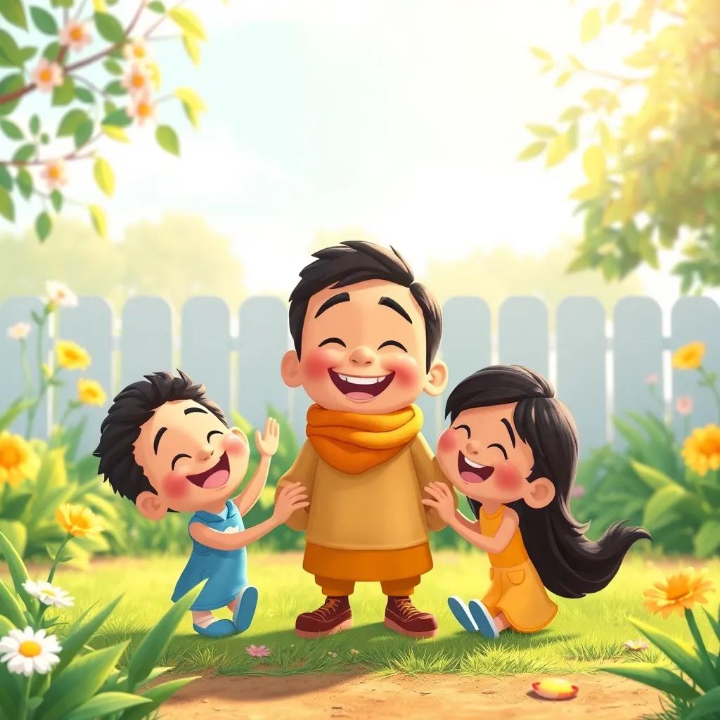 An illustration of Youssef with happy friends around him, garden background, playing and laughing together, sunny day, feelings of friendship and trust, cheerful, digital art, bright and uplifting