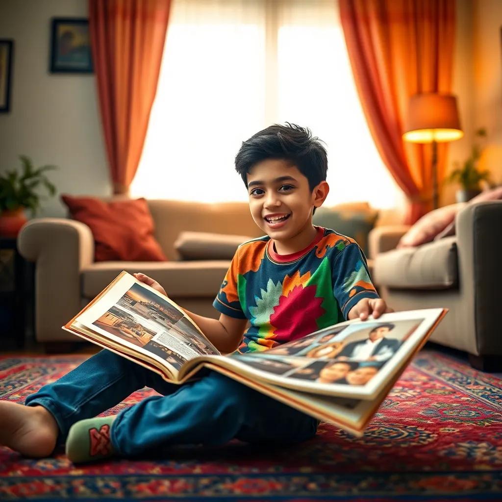 A young Arab boy, Youssef, with short black hair, wearing a colorful t-shirt and jeans, sitting on a rug in a cozy living room, excitedly opening an old photo album, digital art, vibrant colors, warm atmosphere, high quality
