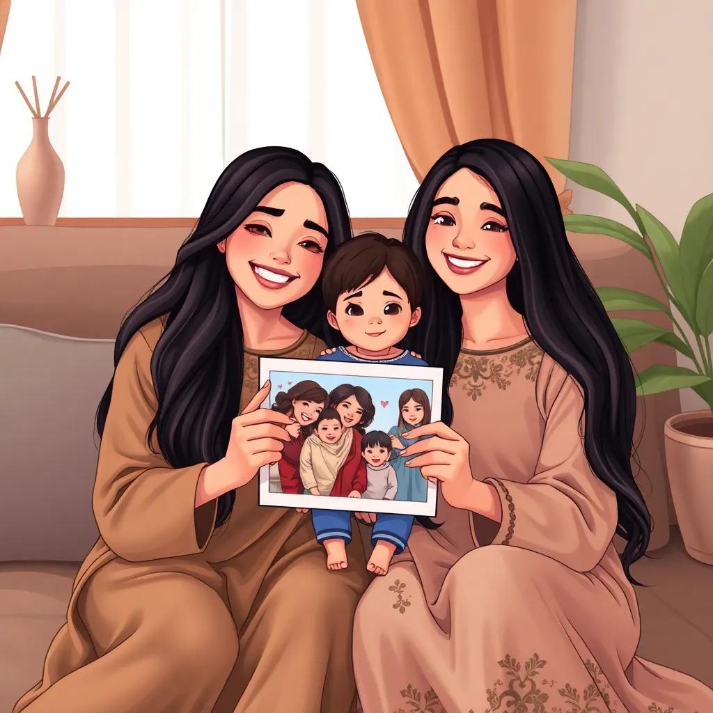 A smiling Arab mother sitting beside Youssef, with long dark hair wearing a comfortable dress, pointing at family photos with love, illustration, cheerful, intimate, friendly