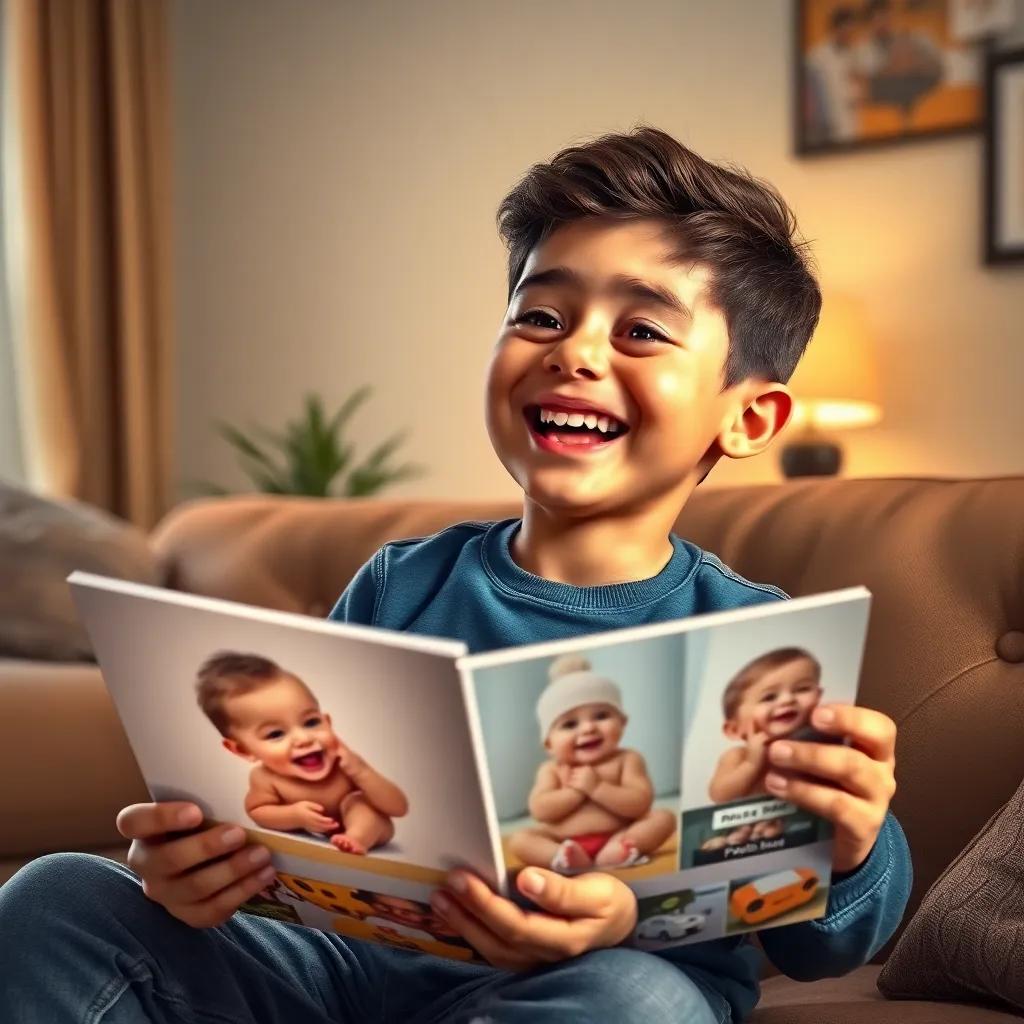 Youssef laughing at baby pictures of himself from the photo album, with a bright smile and sparkling eyes in a cozy living room, digital painting, joyful moment, warm colors