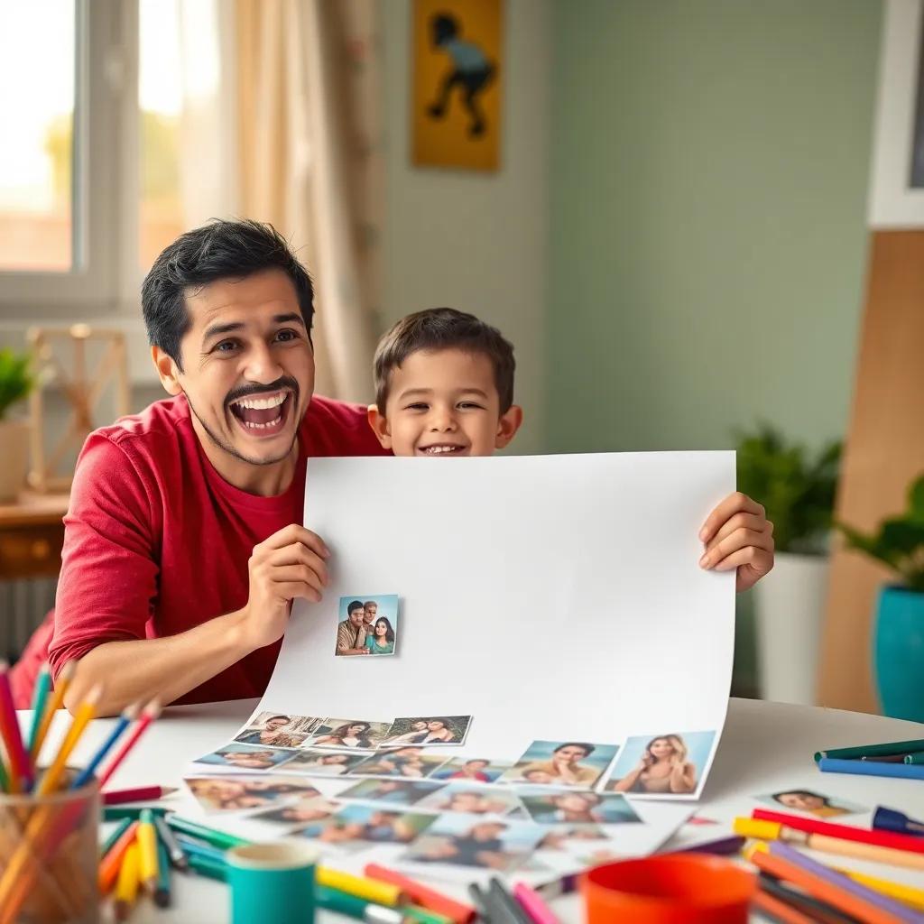 An excited Youssef and his mother holding a big piece of paper, with family photos spread around, engaging in a creative project, colorful art supplies, bright and inviting, high quality