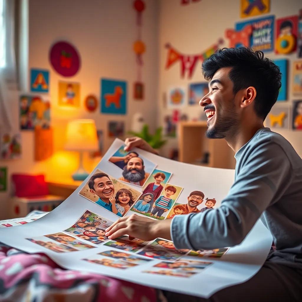 Youssef happily pasting family photos onto a large paper in his room, laughter in the air, colorful and vibrant decorations on the walls, illustration, warm light, cheerful atmosphere