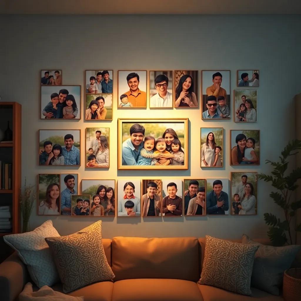 A beautiful family collage with photos of Youssef's family hung on the wall, showing joyful moments, cozy room with warm lighting, digital art, heartwarming, emotional