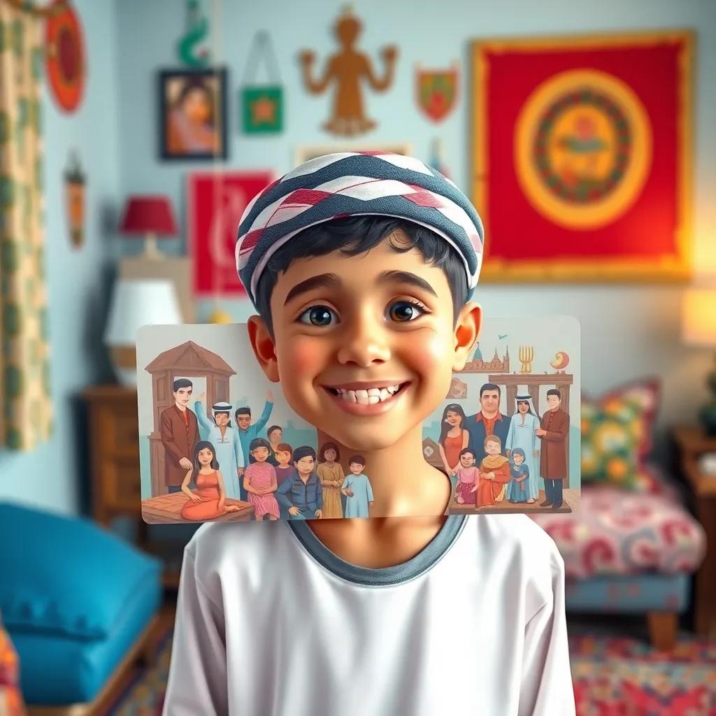 Youssef, the young Arab boy, proudly showing the family collage in his room, bright smile, colorful decorations, happy atmosphere, illustration, vivid colors