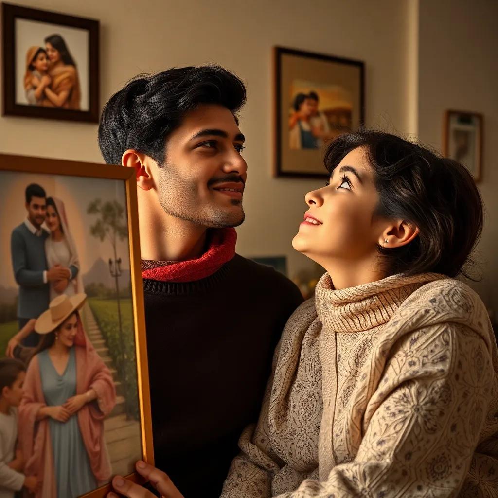 Youssef looking up at his mother with eyes full of love as they admire the family collage together, warm light enveloping them both, tender moment, high quality