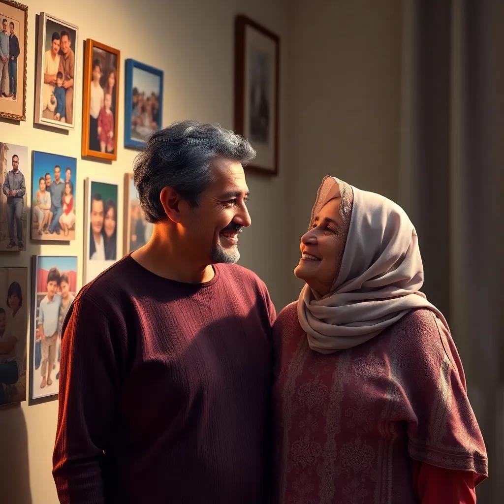 A loving moment between Youssef and his mother, looking at family memories on the wall, with soft lighting and a loving ambiance, digital painting, beautiful expression