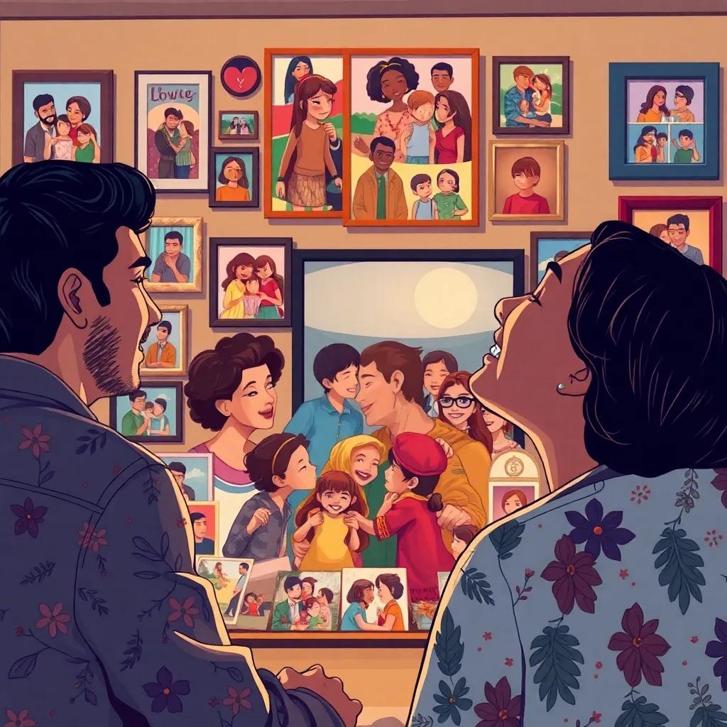 Youssef feeling joyful while gazing at the family collage, surrounded by pictures of love and friendship, colorful and inviting atmosphere, illustration, uplifting mood