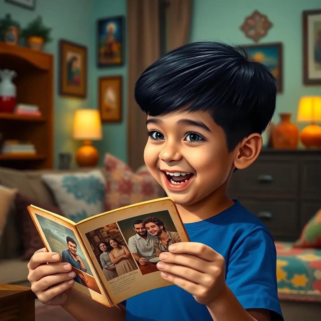 A young Arab boy, Yusuf, with short black hair wearing a blue t-shirt, excitedly opening an old photo album in a cozy living room, colorful decor, warm light, joyful atmosphere, digital art, inviting and wholesome