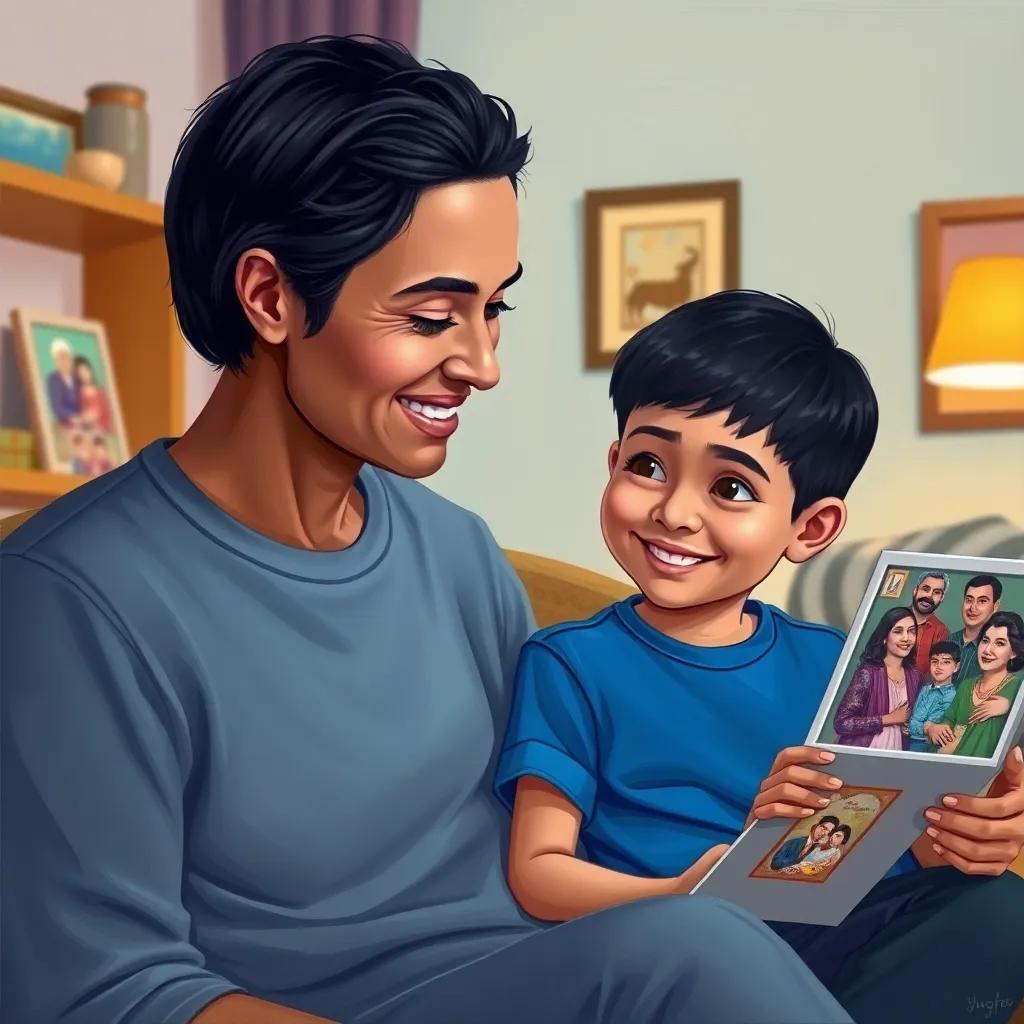 A young Arab boy, Yusuf, sitting next to his mother with short black hair wearing a blue t-shirt, looking at family photos, smiling, in a cozy living room, bright colors, heartwarming scene, digital illustration