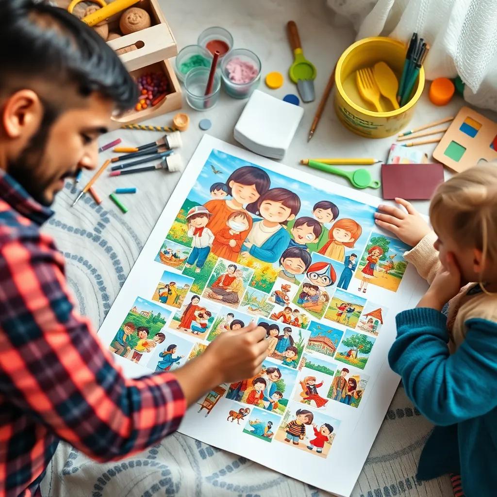A close-up of family photos being pasted by Yusuf and his mother, colorful images beautifully arranged on a large sheet of paper, surrounded by craft supplies, lively and cheerful setting, illustration, child-friendly